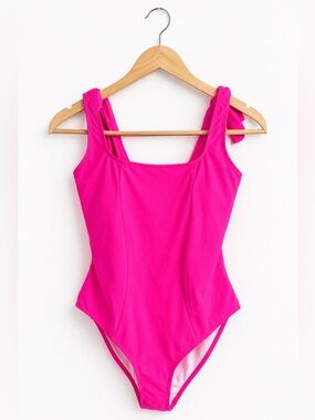 Aimage Neon Pink One Piece Swimsuit Scoop Neck Wide Strap NWT Barbiecore Beach